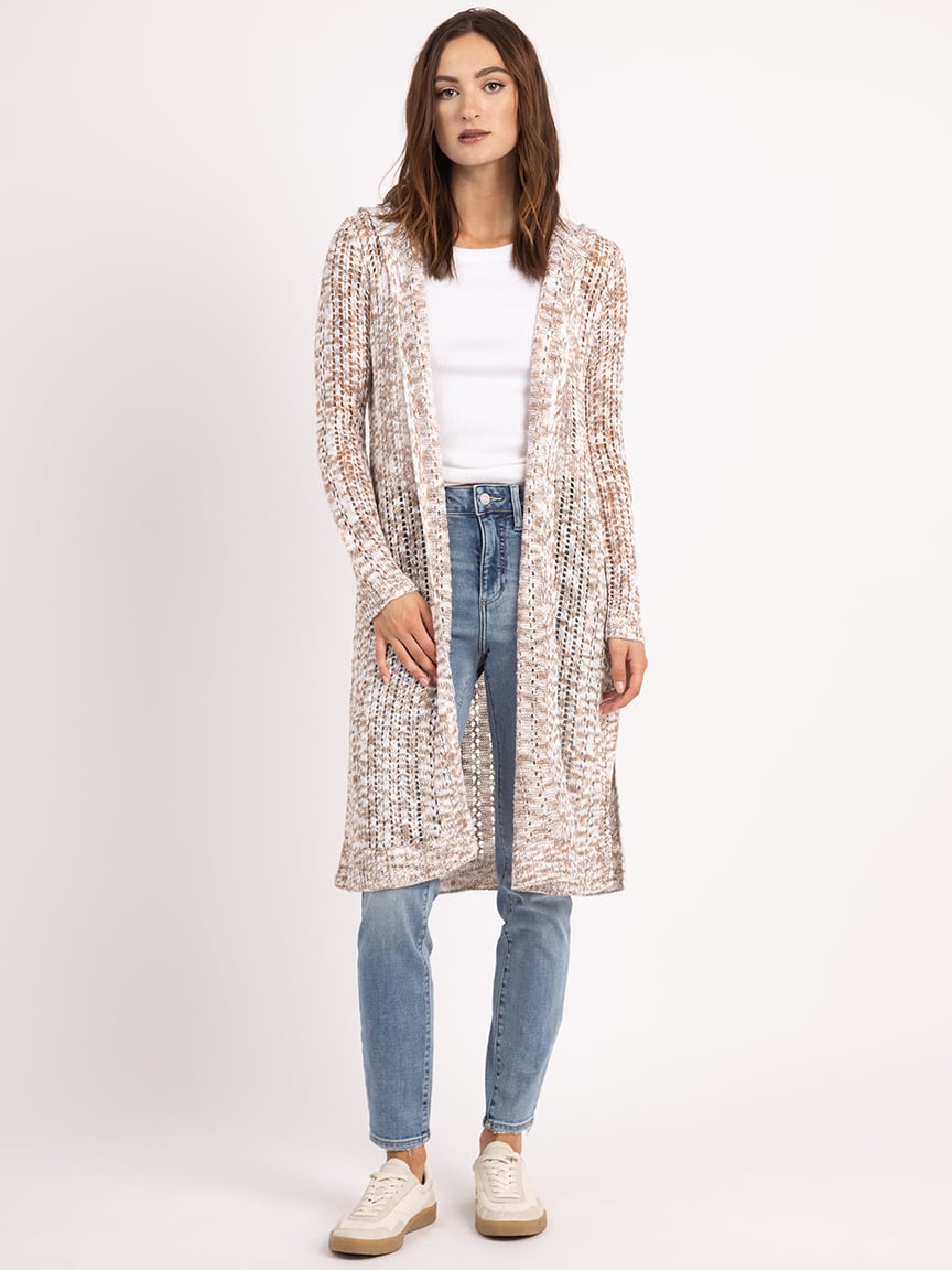 pointelle hooded open cardigan