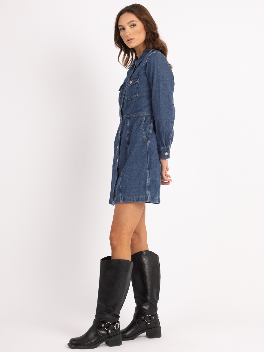 flynn western denim knee length dress