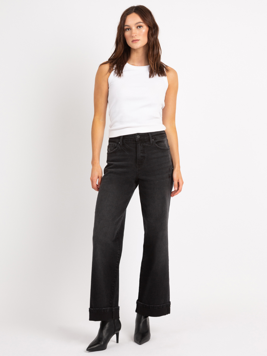 cuffed wide leg jean washed black