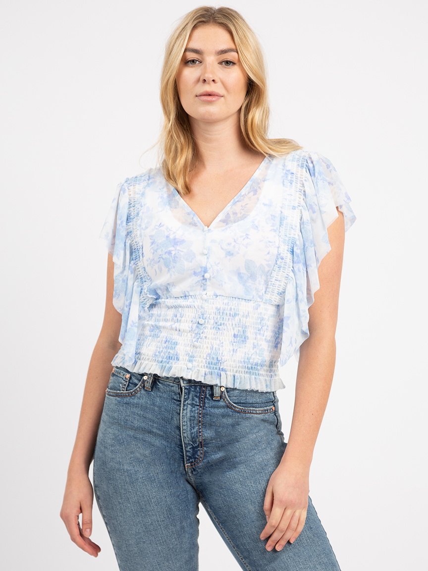 steffy smocked hem flutter sleeve top