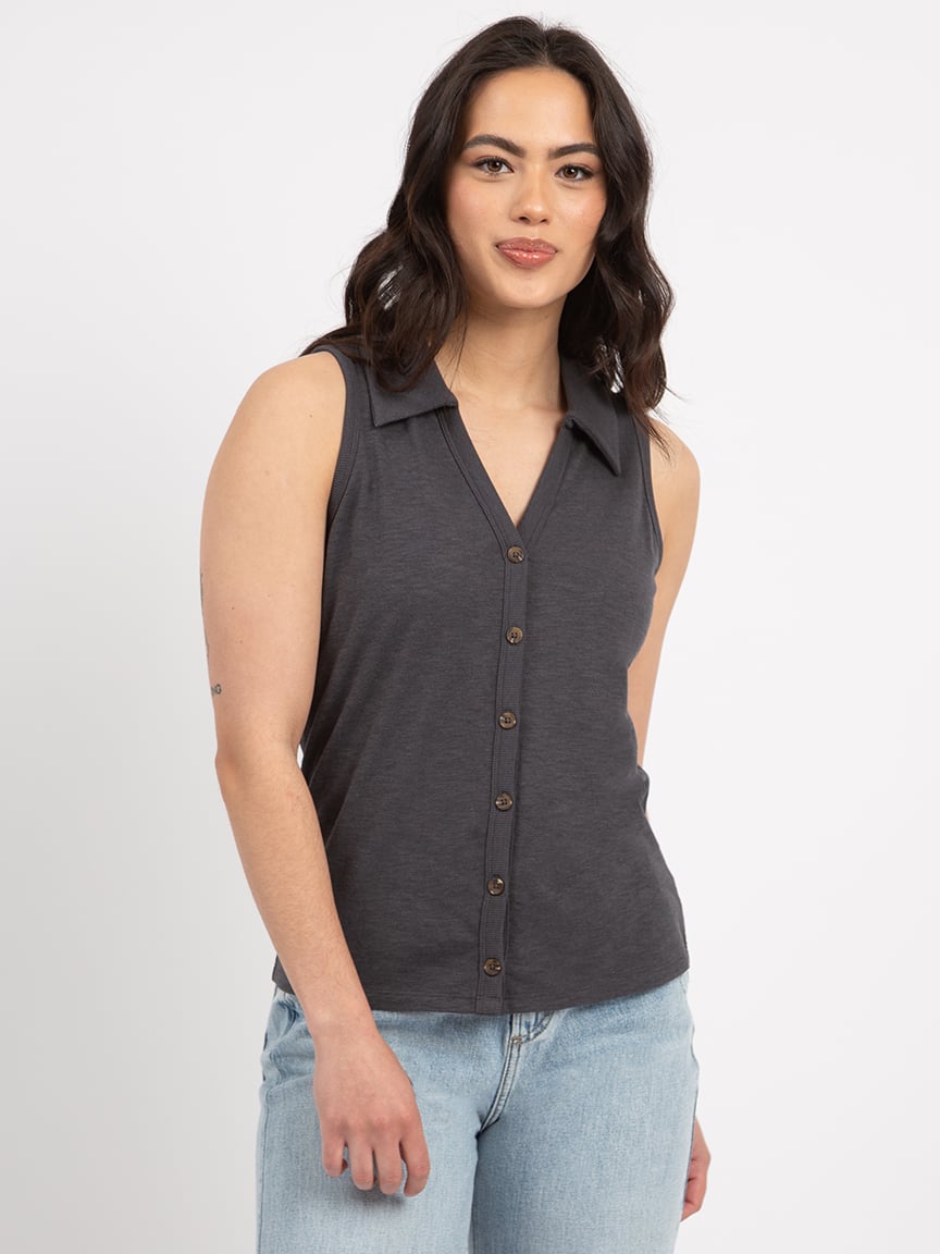 sleeveless button front top